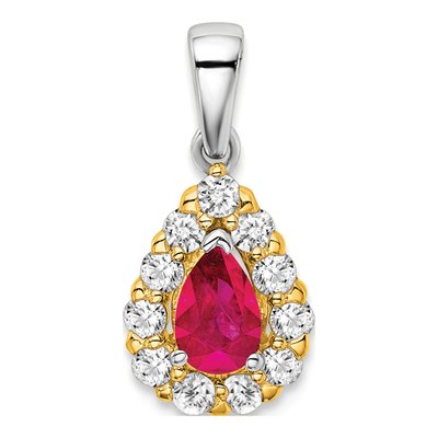 14K Two-Tone Gold 0.37 ct tw Ruby & Diamond Pear Halo Pendant