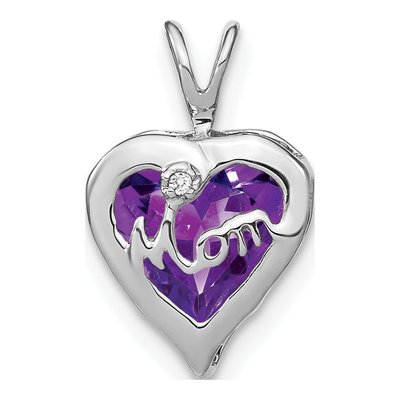 14K White Gold Amethyst & Diamond MOM Heart Pendant