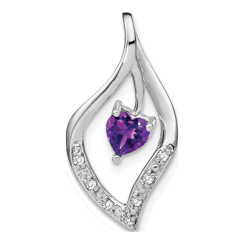 14K White Gold 1/15 ct tw Amethyst & Diamond Leaf Heart Slide Pendant