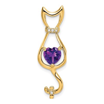 14K Yellow Gold Amethyst & Diamond Heart Cat Slide Pendant