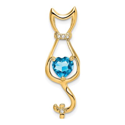 14K Yellow Gold Swiss Blue Topaz & Diamond Heart Cat Slide Pendant