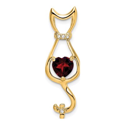 10K Yellow Gold Garnet & Diamond Heart Cat Pendant