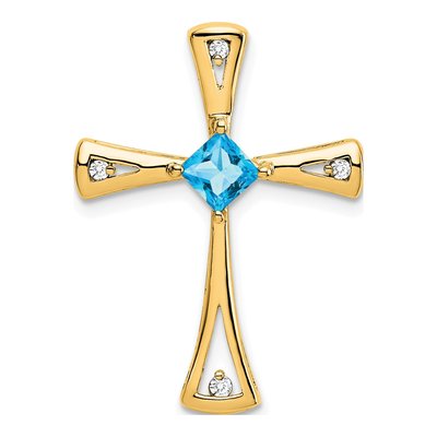 14K Yellow Gold 1/20 ct tw Swiss Blue Topaz & Diamond Cross Slide Pendant
