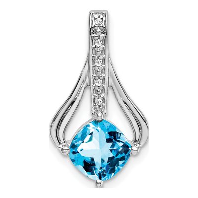 14K White Gold Swiss Blue Topaz & Diamond Cushion Pendant