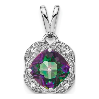 14K White Gold Mystic Fire Topaz & Diamond Cushion Pendant