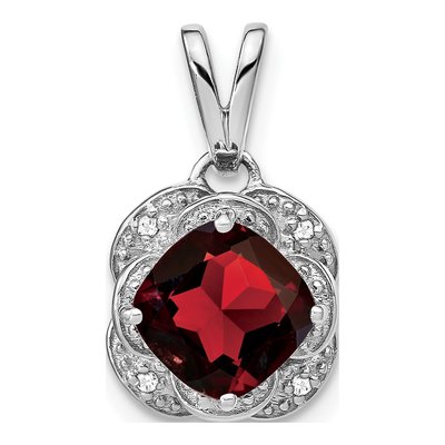 14K White Gold Garnet & Diamond Cushion Pendant