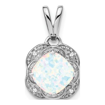 14K White Gold Lab-Created Opal & Diamond Cushion Pendant