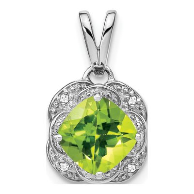14K White Gold Peridot & Diamond Cushion Pendant