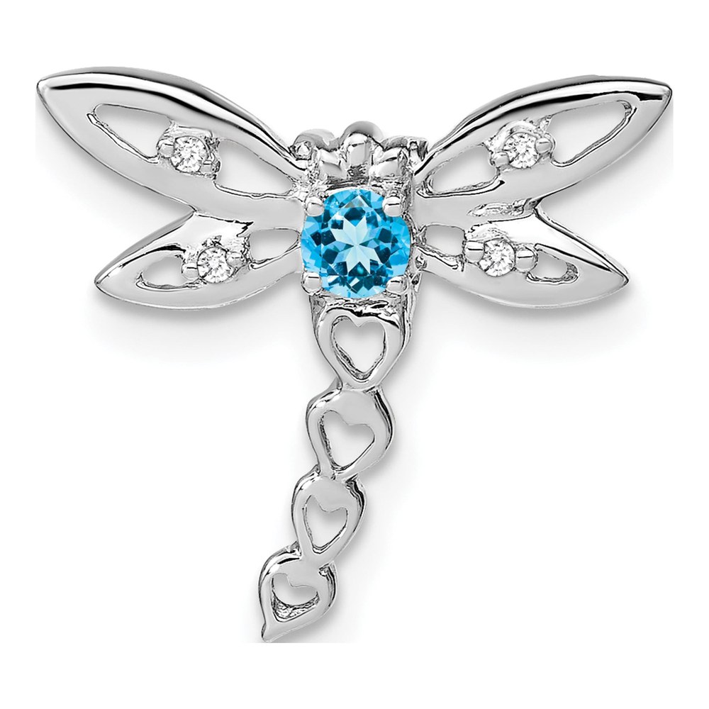 14K White Gold Swiss Blue Topaz & Diamond Dragonfly Slide Pendant
