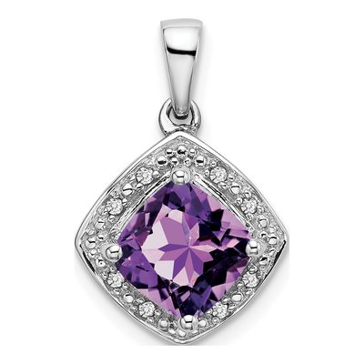 14K White Gold Amethyst & Diamond Cushion Halo Pendant