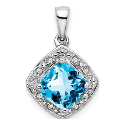 14K White Gold Swiss Blue Topaz & Diamond Halo Pendant