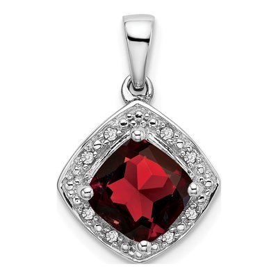 14K White Gold Garnet & Diamond Cushion Halo Pendant