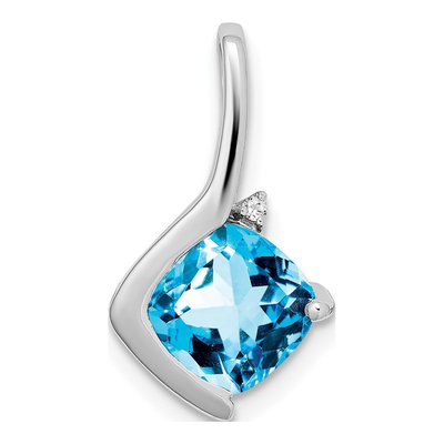 14K White Gold Swiss Blue Topaz & Diamond Cushion Pendant