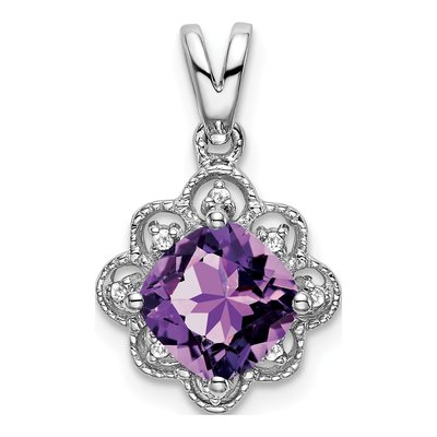 14K White Gold Amethyst & Diamond Cushion Pendant