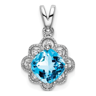 14K White Gold Swiss Blue Topaz & Diamond Pendant