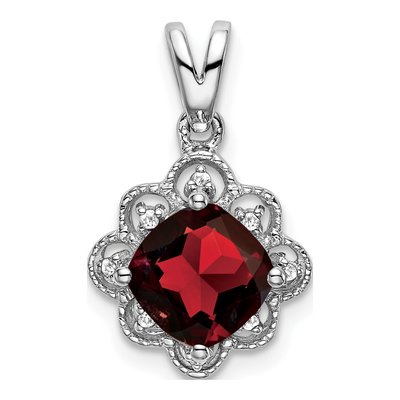 14K White Gold Garnet & Diamond Cushion Pendant