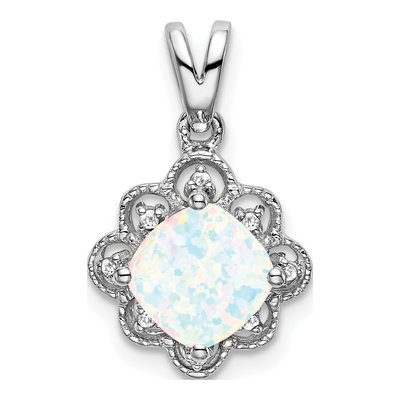 14K White Gold Lab-Created Opal & Diamond Scalloped Pendant