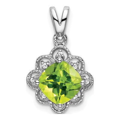 14K White Gold Peridot & Diamond Cushion Pendant