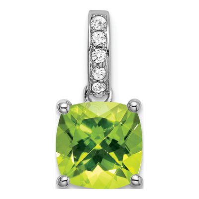 14K White Gold 1/15 ct tw Peridot & Diamond Cushion Pendant