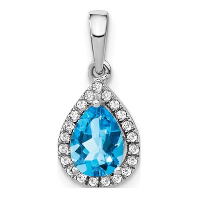 14K White Gold 1/10 ct tw Swiss Blue Topaz & Diamond Pear Halo Pendant