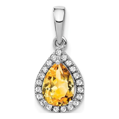 14K White Gold 1/10 ct tw Citrine & Diamond Pear Halo Pendant