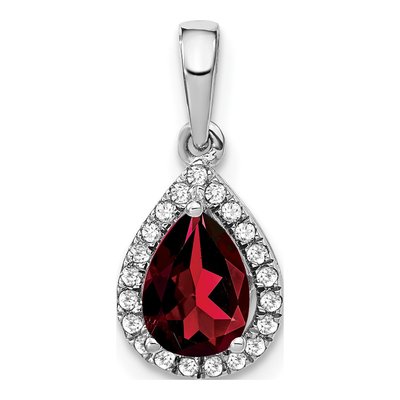 14K White Gold 1/10 ct tw Garnet & Diamond Pear Halo Pendant