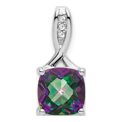 14K White Gold Mystic Fire Topaz & Diamond Cushion Pendant