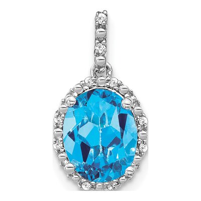 14K White Gold 1/20 ct tw Swiss Blue Topaz & Diamond Oval Halo Pendant
