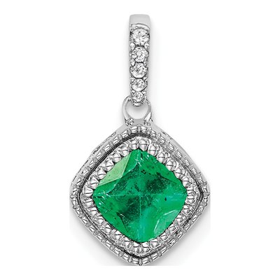 14K White Gold 1/8 ct tw Emerald & Diamond Cushion Pendant