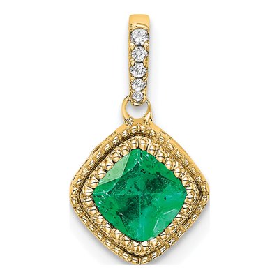 14K Yellow Gold 1/8 ct tw Emerald & Diamond Cushion Pendant