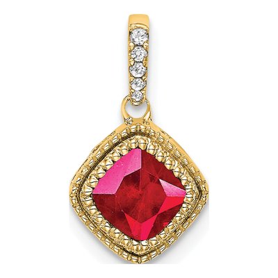 14K Yellow Gold 1/8 ct tw Ruby & Diamond Cushion Pendant