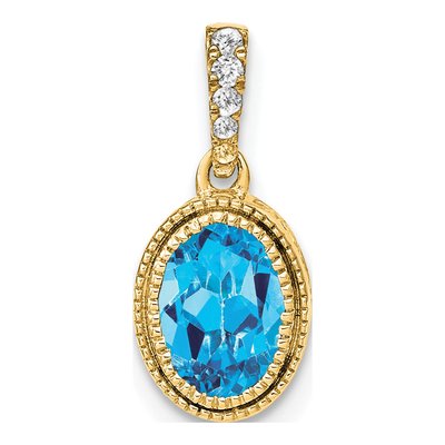 14K Yellow Gold 1/6 ct tw Swiss Blue Topaz & Diamond Oval Pendant