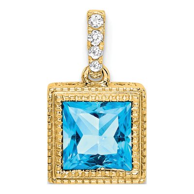 14K Yellow Gold 1/8 ct tw Swiss Blue Topaz & Diamond Square Pendant