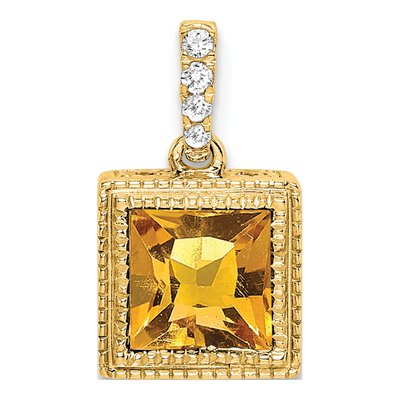 14K Yellow Gold 1/8 ct tw Citrine & Diamond Square Pendant