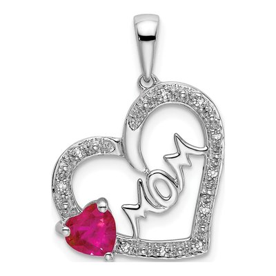 14K White Gold 1/20 ct tw Ruby & Diamond MOM Heart Pendant
