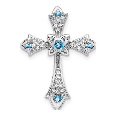14K White Gold 1/15 ct tw Swiss Blue Topaz & Diamond Fleur de Lis Slide Pendant