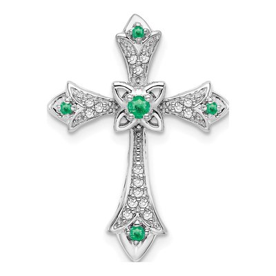 10K White Gold 1/15 ct tw Emerald & Diamond Fleur de Lis Cross Slide Pendant