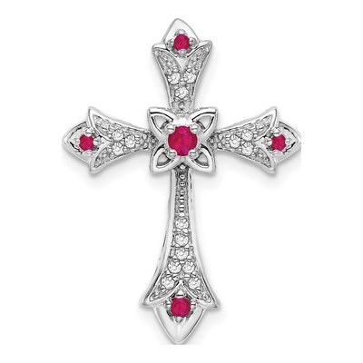 10K White Gold 1/15 ct tw Ruby & Diamond Fleur de Lis Cross Slide Pendant