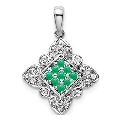 14K White Gold 1/7 ct tw Emerald & Diamond Vintage Pendant