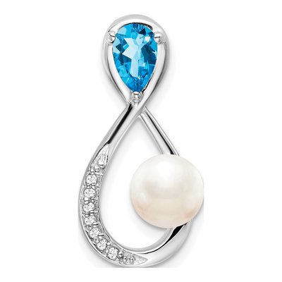 10K White Gold Pearl & Swiss Blue Topaz Infinity Slide Pendant