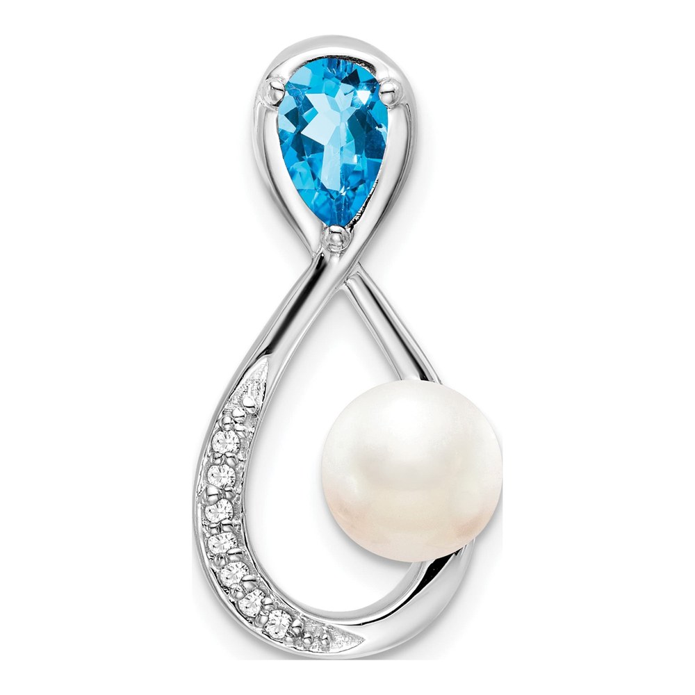 14K White Gold Pearl & Swiss Blue Topaz Infinity Slide Pendant