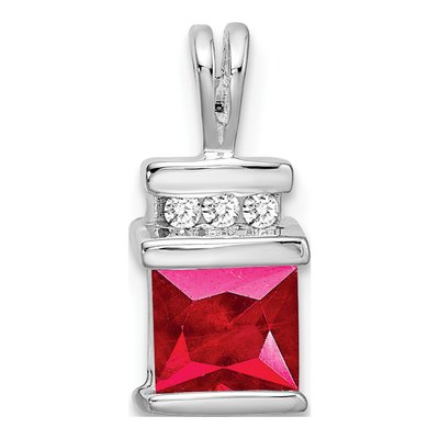 14K White Gold Ruby & Diamond Square Pendant