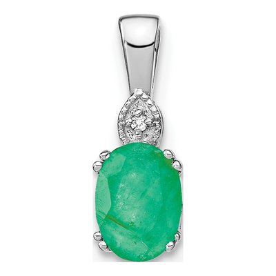 14K White Gold Emerald & Diamond Oval Pendant