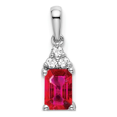 14K White Gold 1/20 ct tw Ruby & Diamond Emerald-Cut Pendant