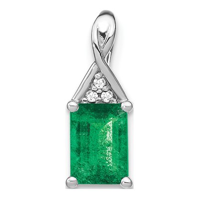 14K White Gold Emerald & Diamond Rectangle Pendant