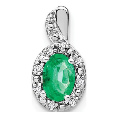 14K White Gold Emerald & Diamond Oval Halo Pendant