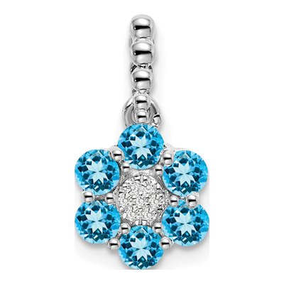 14K White Gold Swiss Blue Topaz & Diamond Floral Pendant