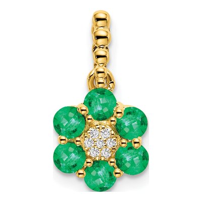 14K Yellow Gold Emerald & Diamond Floral Pendant