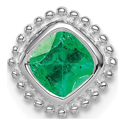 14K White Gold Emerald Cushion Beaded Slide Pendant