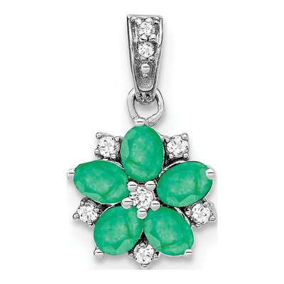 14K White Gold 1/15 ct tw Emerald & Diamond Floral Pendant